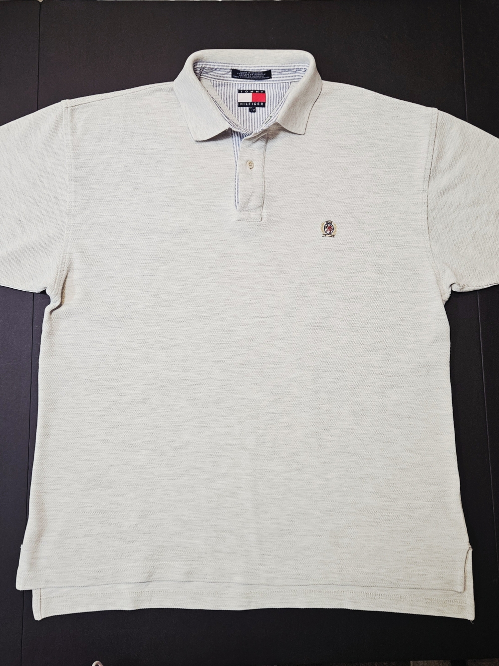 Vintage Tommy Hilfiger Crest Logo Polo Shirt Men's M Gray Striped Collar 90s